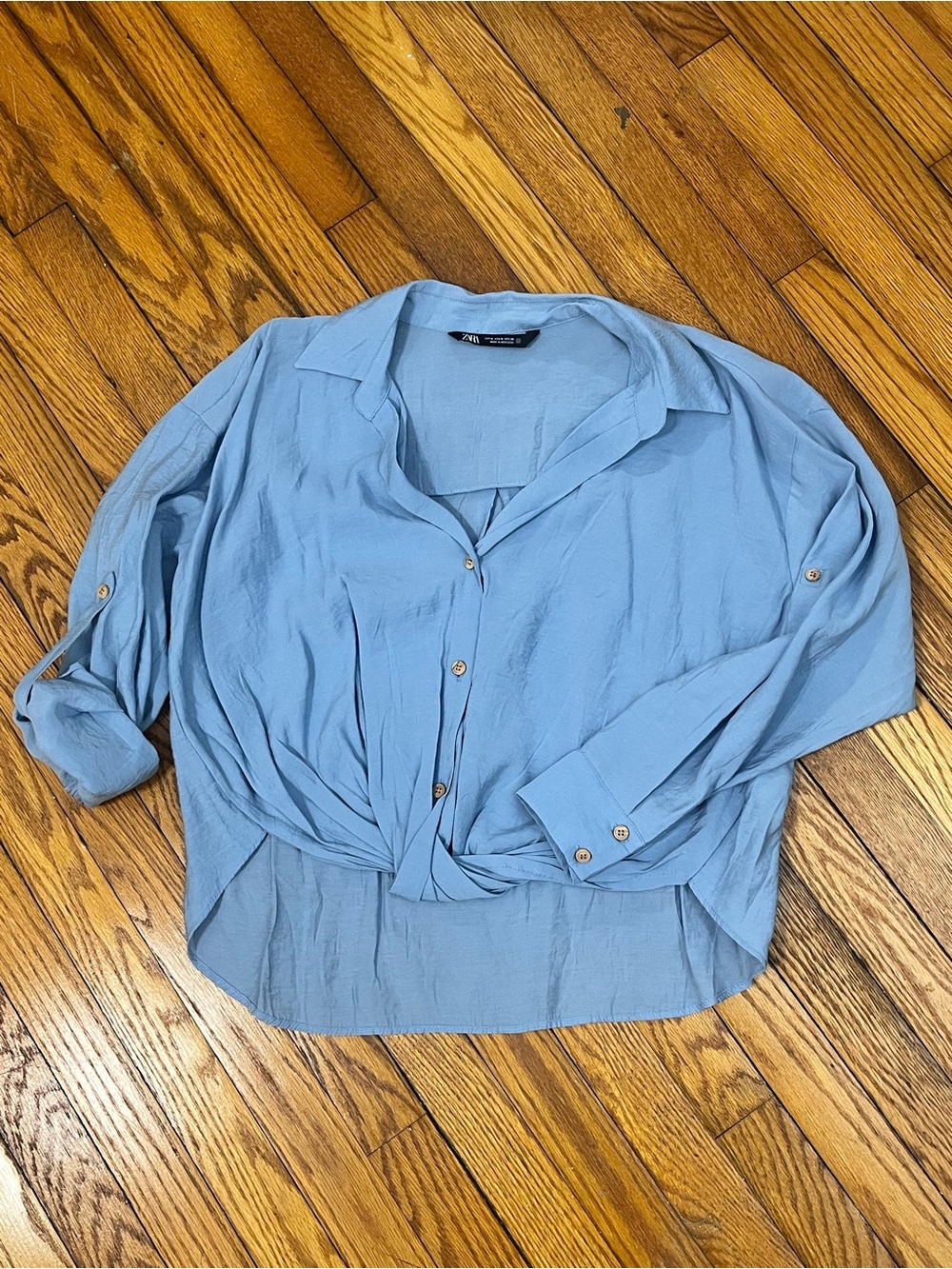 Zara Light Blue Button-Front Knot Hem Shirt